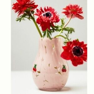 NWOT Anthropologie Icon Confetti Glass Vase with Cherries, Pink